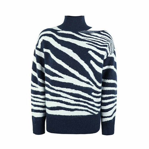 Zebra Pattern Print Cold Shoulder Knitted Turleneck Sweater