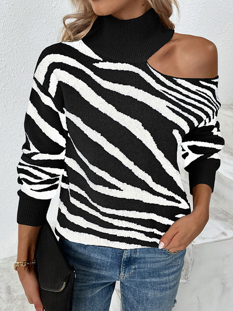 Zebra Pattern Print Cold Shoulder Knitted Turleneck Sweater