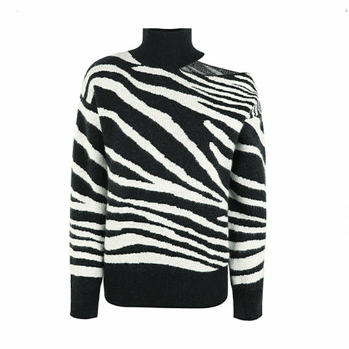 Zebramönstertryck Kallaxelstickad Turleneck-tröja
